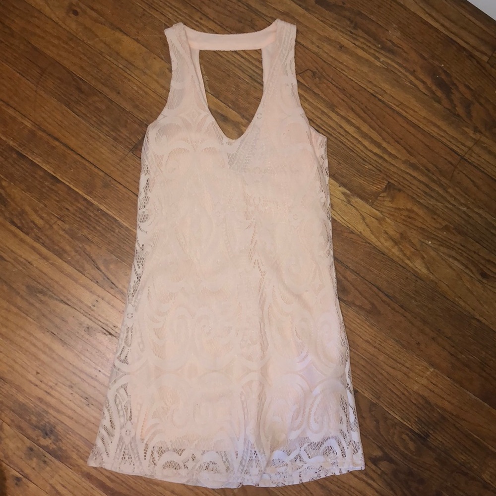 Beige lace dress.